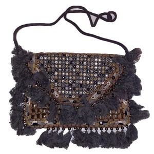 ibBan Anthropology Handmade Boho Beaded Fringe‎ Crossbody Bag Gray